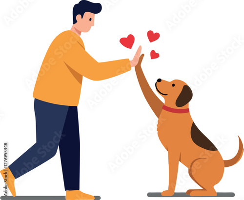 A man joyfully interacting with a friendly dog in a minimal, heartwarming flat vector art style showcasing love and companionship