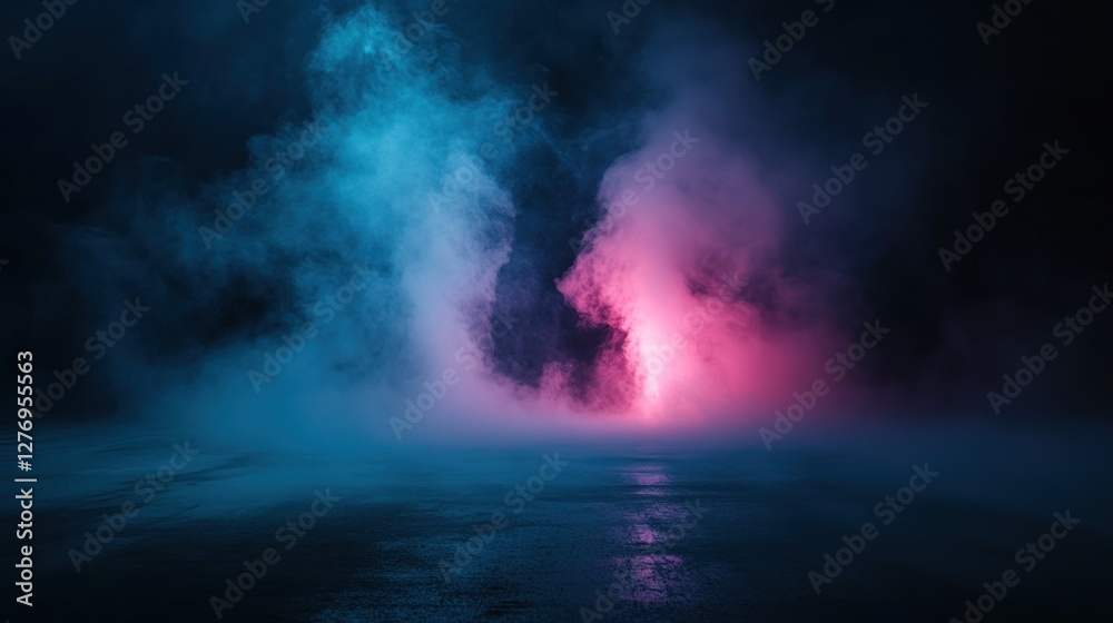 Fototapeta premium Mysterious scene of smoke illuminated with pink and blue neon lights