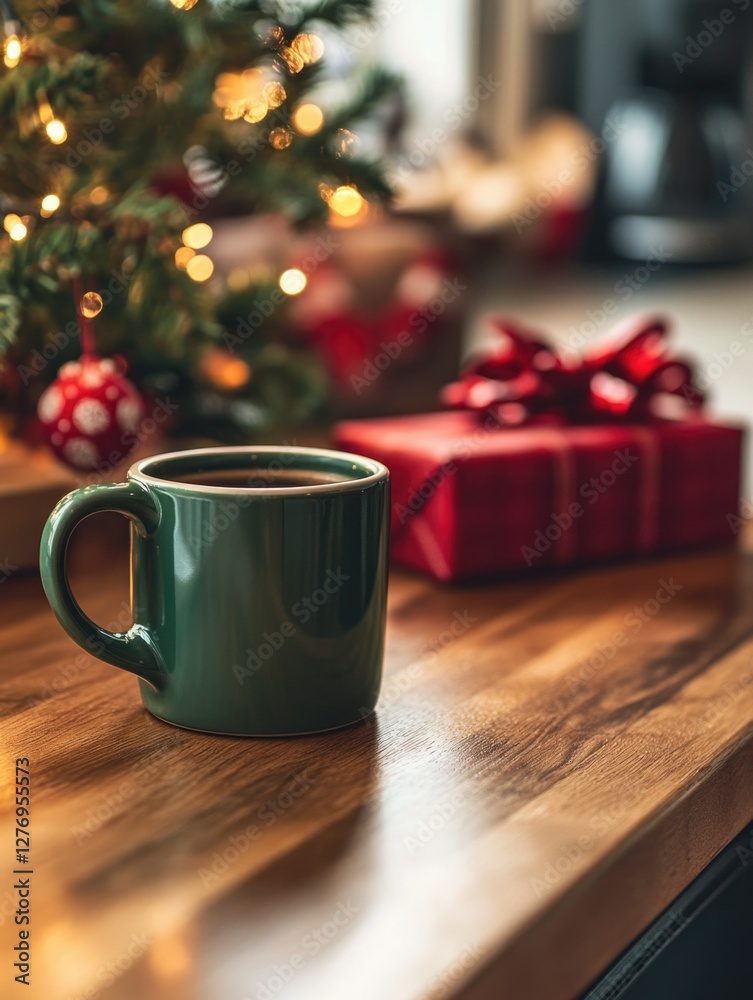 Coffee mug with green handle on a wooden counter, holiday background includes Christmas tree lights and presents. Coffee mug with green handle on a wooden counter, holiday background includes Christmas tree lights and presents.