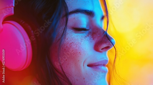 Headphones on a woman's face, capturing a moment of serenity and focus in colorful abstract background with bokeh lights.