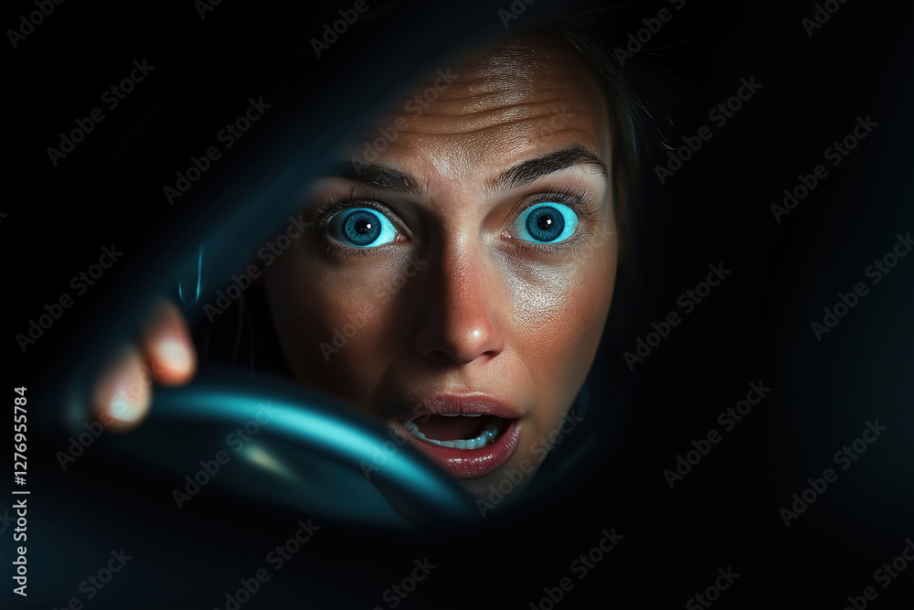 Surprised woman reacts in shock while driving at night Surprised woman reacts in shock while driving at night
