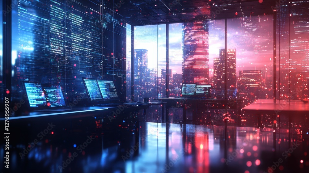 Futuristic office with multiple computer screens and cityscape view at sunset Futuristic office with multiple computer screens and cityscape view at sunset