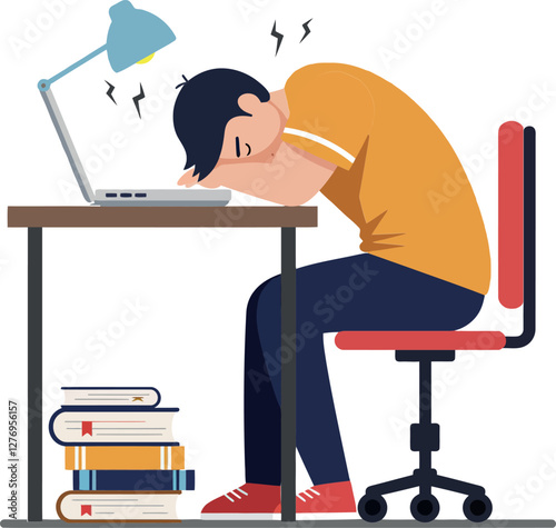 A tired young man in an orange shirt slumped over a desk under a lamp, depicting stress in a flat vector illustration