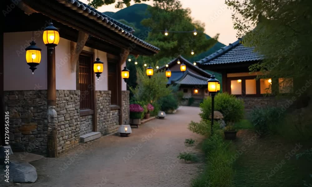 A tranquil scene of glowing lanterns illuminating a charming pathway, creating a serene atmosphere that invites contemplation and reflective moments during twilight. A tranquil scene of glowing lanterns illuminating a charming pathway, creating a serene atmosphere that invites contemplation and reflective moments during twilight.