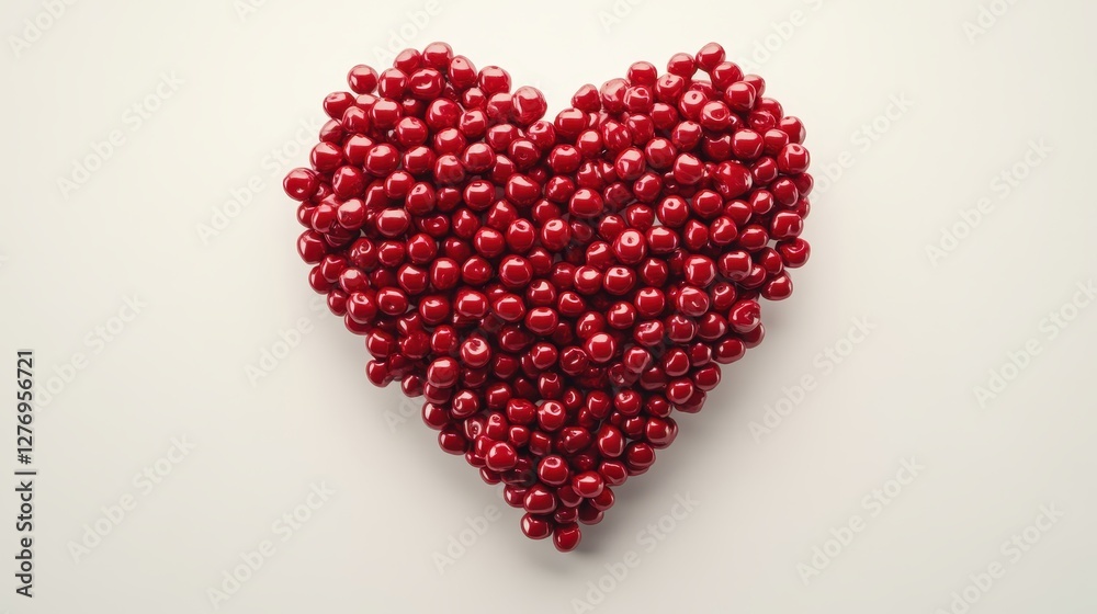 Heart-shaped arrangement of fresh red cherries on a light background Heart-shaped arrangement of fresh red cherries on a light background