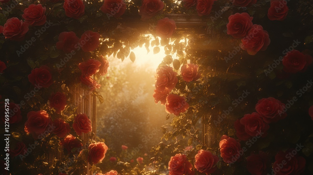 Fototapeta premium Beautiful Sunlit Garden Archway Surrounded by Red Roses Blossoms