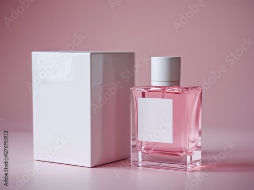 Perfume in a pink bottle with white blank label next to a white blank box on a pink background