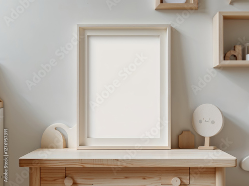 Mock up frame close up in children room with natural wooden furniture.