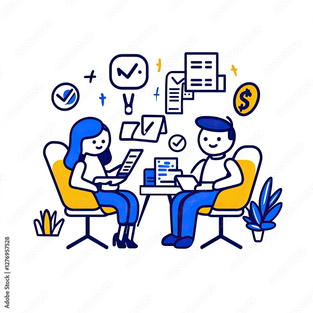 Business meeting at office. Two employees discussing plans. Workflow and teamwork concept Business meeting at office. Two employees discussing plans. Workflow and teamwork concept