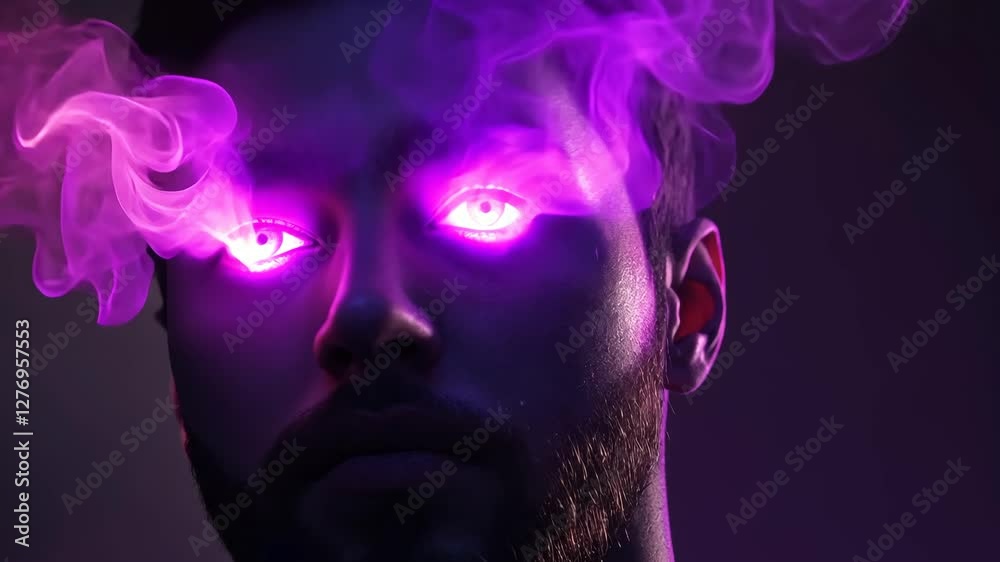 Mysterious figure with glowing purple eyes and swirling smoke in dark atmosphere at night Mysterious figure with glowing purple eyes and swirling smoke in dark atmosphere at night