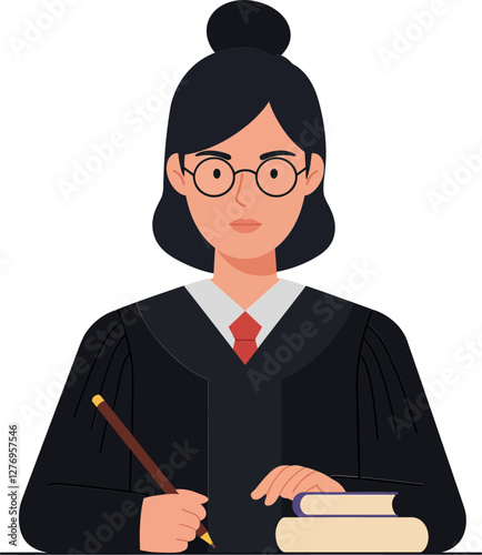 A female judge in a black robe writing notes with a pen while seated at a desk with law books, flat vector illustration
