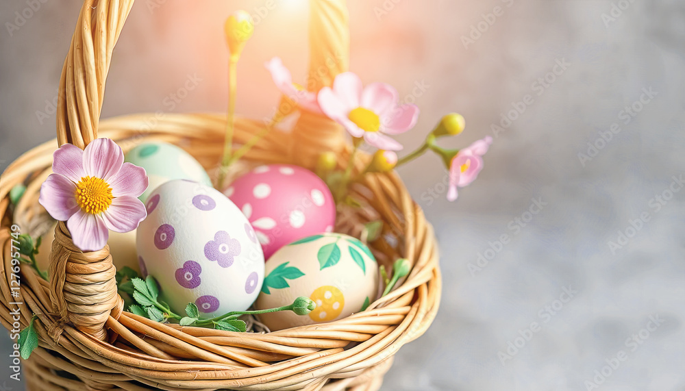 Fototapeta premium Multicoloured pastel eggs in a wicker basket surrounded by bright spring flowers during a cheerful celebration of a bright Easter holiday