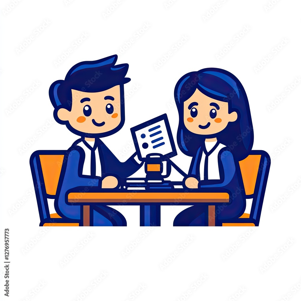 Business Meeting Two people discuss a checklist over coffee, brainstorming in an office space Business Meeting Two people discuss a checklist over coffee, brainstorming in an office space