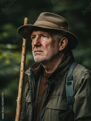 A rugged outdoorsman with his trusty hiking staff, standing amidst a forested trail.
