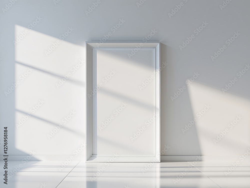 A blank vertical frame mockup in a bright children room with a white wall and white floor. A blank vertical frame mockup in a bright children room with a white wall and white floor.
