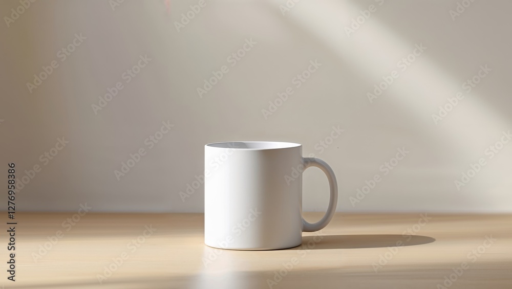 Fototapeta premium Plain White Ceramic Mug Mockup on a Warm Neutral Desk