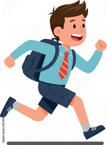 Happy young boy running energetically with a backpack in a flat, colorful style vector illustration