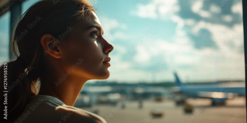 Woman gazing out the window at an airport, with the sky and airplanes in view.