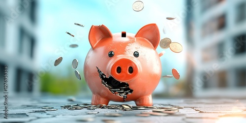 comic broken piggy bank coins flying photo