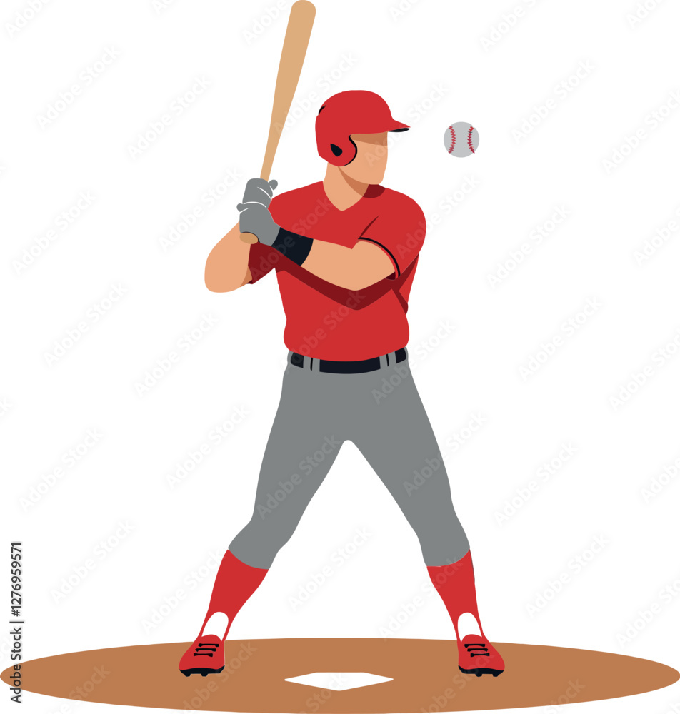 A baseball player in a red uniform swinging a bat with intensity in a minimal flat design vector illustration A baseball player in a red uniform swinging a bat with intensity in a minimal flat design vector illustration