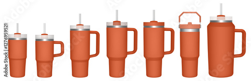 Thermo cup with handle and straw. 14, 30, 40, 64 oz. Travel thermos. Set of orange mugs. Tumbler or quencher