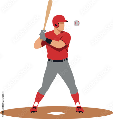 A baseball player in a red uniform swinging a bat with intensity in a minimal flat design vector illustration