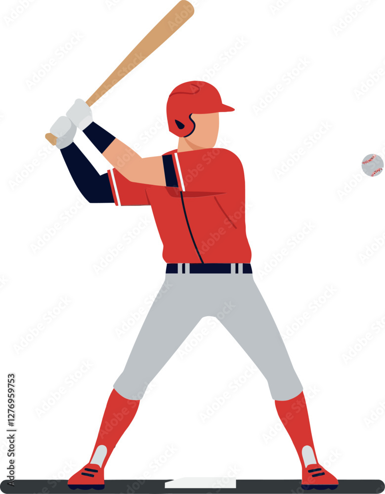 A baseball player in a red uniform swinging a bat with focused determination in a flat vector illustration style showcasing athleticism and excitement in the game of baseball vector art A baseball player in a red uniform swinging a bat with focused determination in a flat vector illustration style showcasing athleticism and excitement in the game of baseball vector art
