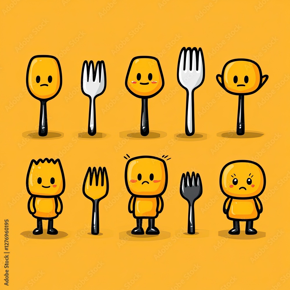 Cartoon forks & spoons with faces expressing various emotions. Mockup food or design resource Cartoon forks & spoons with faces expressing various emotions. Mockup food or design resource
