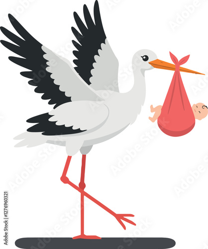 A whimsical stork carrying a baby in a red bag, featuring flat design style and playful colors, perfect for baby announcements, vector illustration
