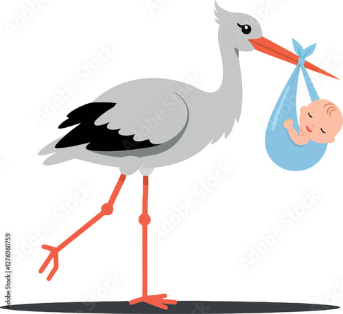 A whimsical stork carrying a baby in a blue blanket with a flat design style, showcasing joy and new beginnings in vector art