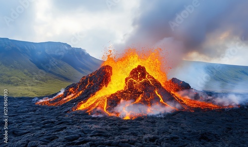 Eruption casts bright lava flows onto a dramatic landscape, showcasing the raw power and beauty of volcanic activity in nature