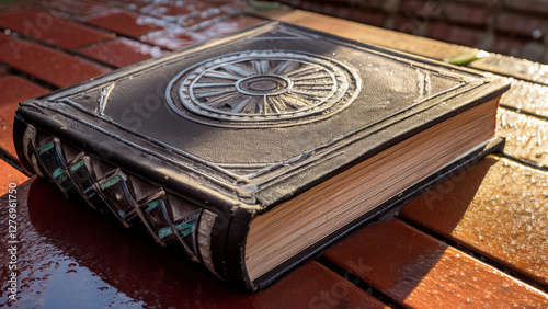 old book and clock on wooden background