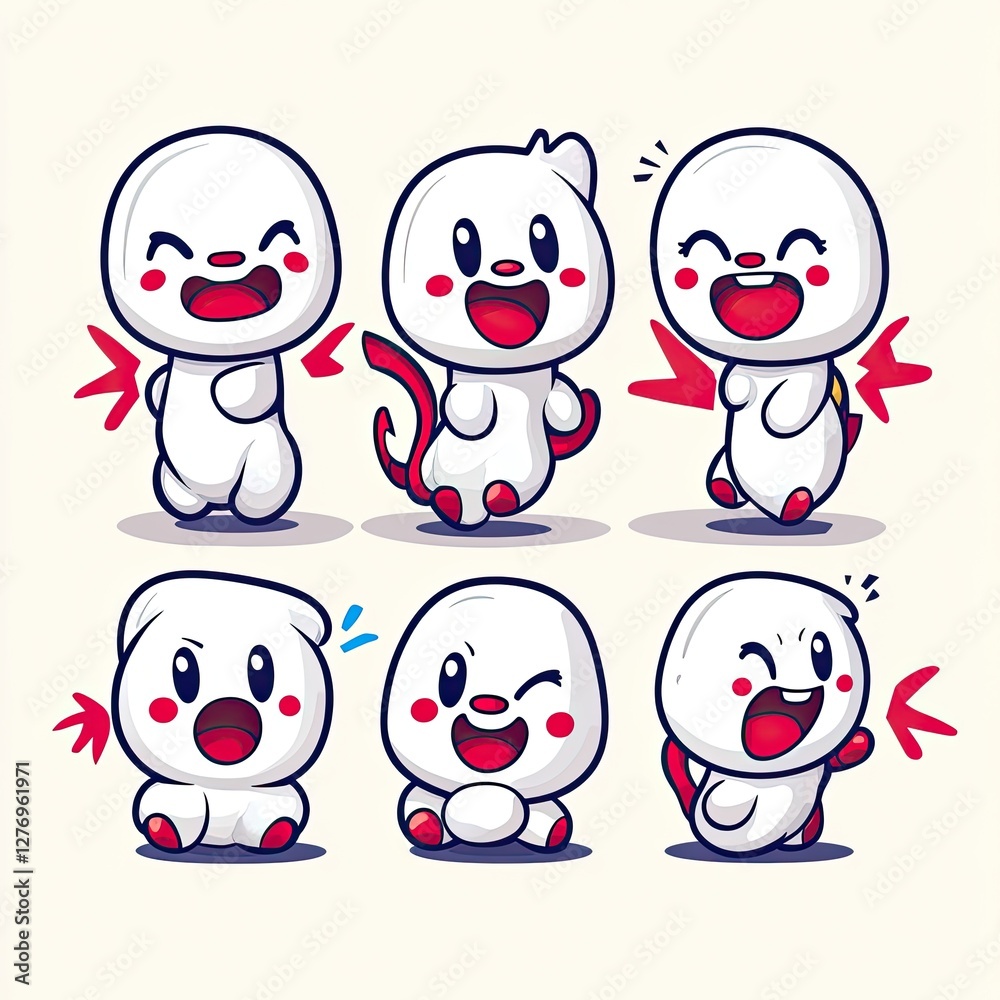 Obraz premium Cheerful cartoon creatures expressing joy and excitement on a light background, suitable for digital content