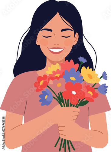 A smiling woman holding a vibrant bouquet of colorful flowers in a minimalist flat design vector illustration evoking joy and positivity