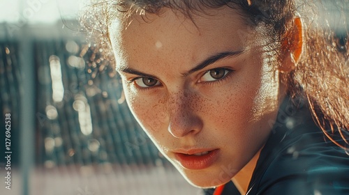 Professional athlete, female tennis player with intense gaze and focused expression.