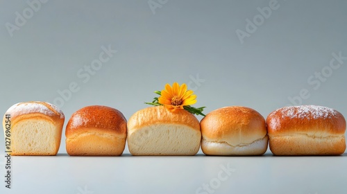 Assortment of Fresh Baked Breads - Five loaves of freshly baked bread, including sliced and unsliced options, arranged in a row with a single flower