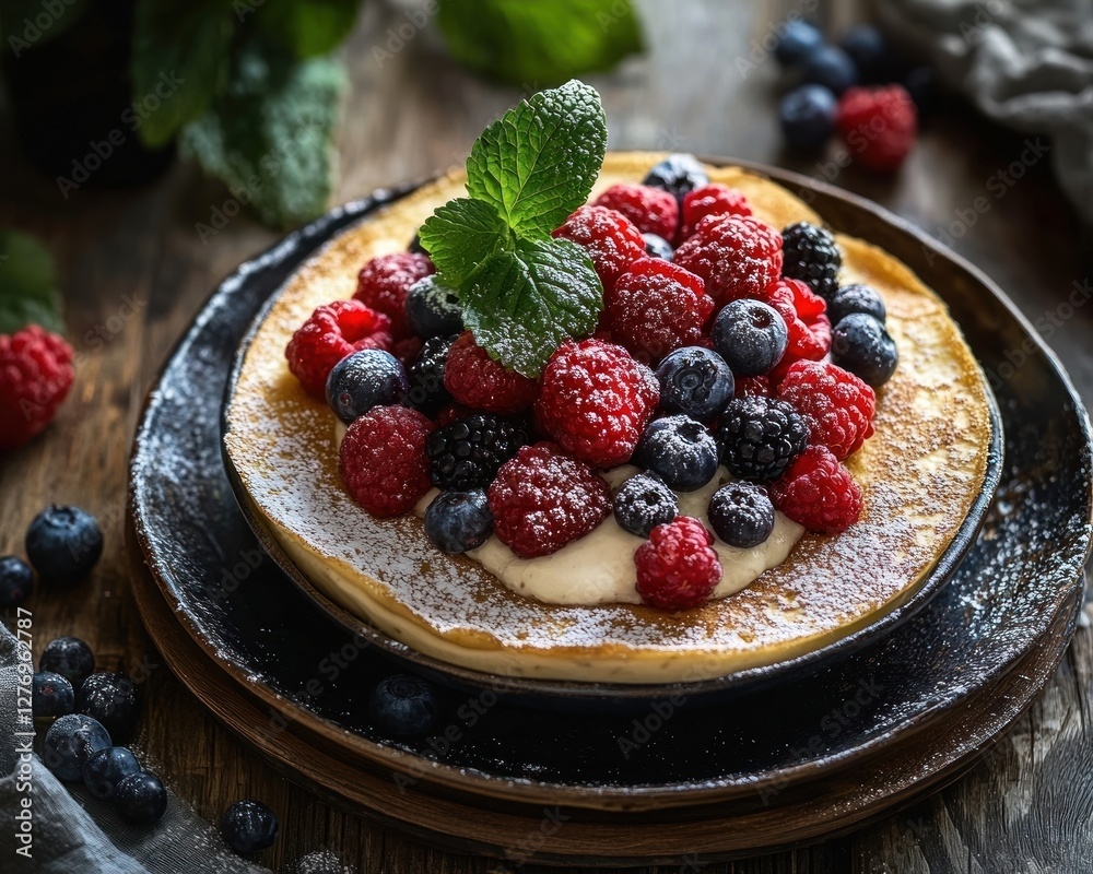 pancake or a tart topped with fresh berries such as raspberries, blackberries, and blueberries. The dish is dusted with powdered sugar and garnished with a sprig of mint. It is set on a rustic wooden pancake or a tart topped with fresh berries such as raspberries, blackberries, and blueberries. The dish is dusted with powdered sugar and garnished with a sprig of mint. It is set on a rustic wooden