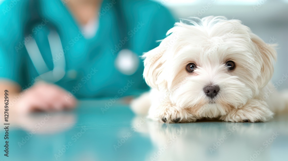 Adorable white dog rests peacefully on a table, enjoying quiet moment with blurred person in the background. Adorable white dog rests peacefully on a table, enjoying quiet moment with blurred person in the background.