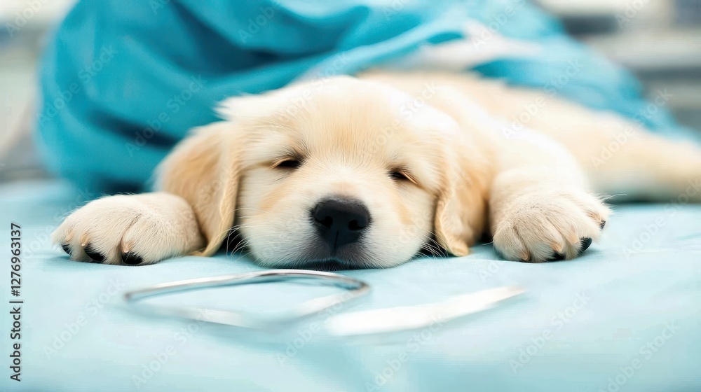 Adorable puppy sleeping peacefully on a cozy bed with scissors in close proximity Adorable puppy sleeping peacefully on a cozy bed with scissors in close proximity