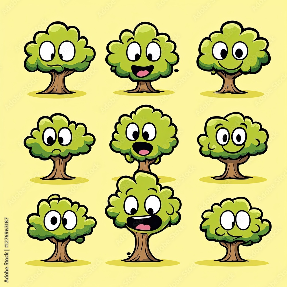 Obraz premium Comic tree characters with expressions, lined on a yellow background for educative use