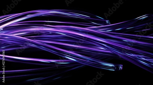 Abstract purple fiber optic cables transmitting data at high speed photo