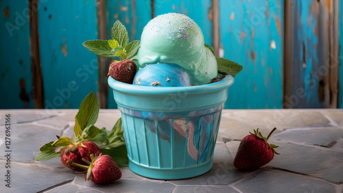 ice cream with berries and mint
