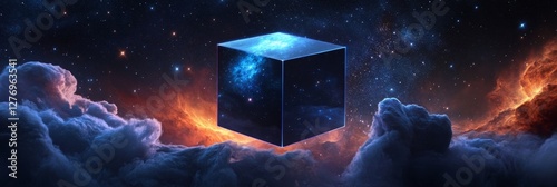 Celestial Cube Enigma - A mysterious, glowing cube floats amidst cosmic clouds and nebulae in space, a captivating of celestial wonder and enigma