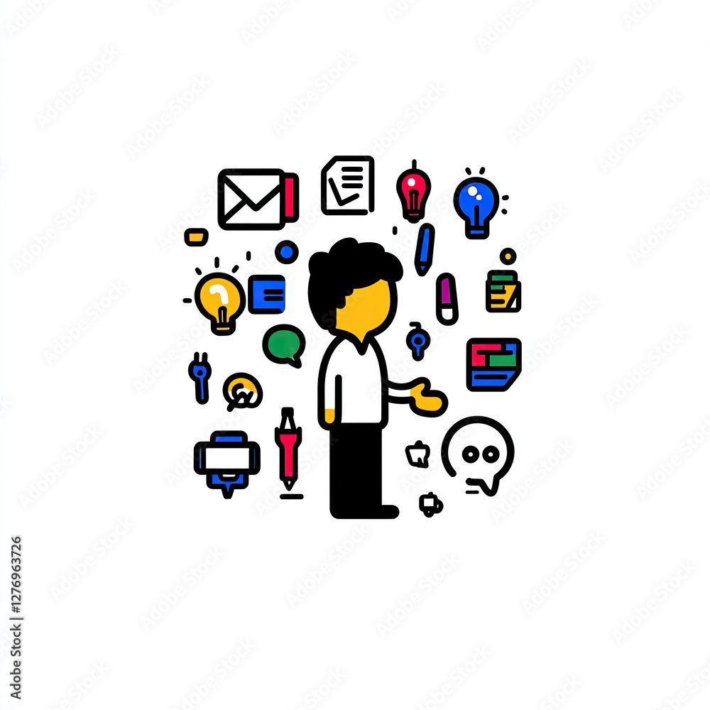 Creative work icon. Person gesturing, surrounded by icons. For design, art, office Creative work icon. Person gesturing, surrounded by icons. For design, art, office