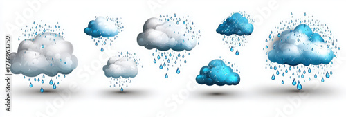 Blue and white cloud and water drops vector set illustration symbol nature weather design