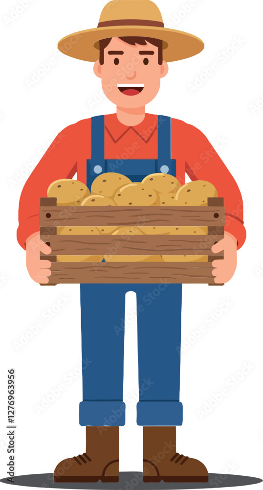 Farmer in straw hat holding wooden crate filled with fresh potatoes, showcasing a flat design style and cheerful demeanor in this vector art Farmer in straw hat holding wooden crate filled with fresh potatoes, showcasing a flat design style and cheerful demeanor in this vector art