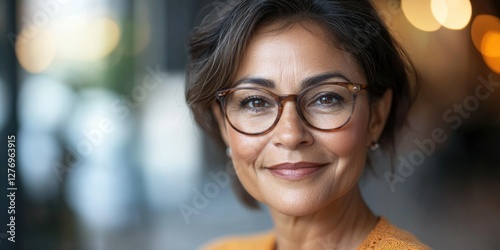 African-American woman with glasses, smiling and posing for a portrait.