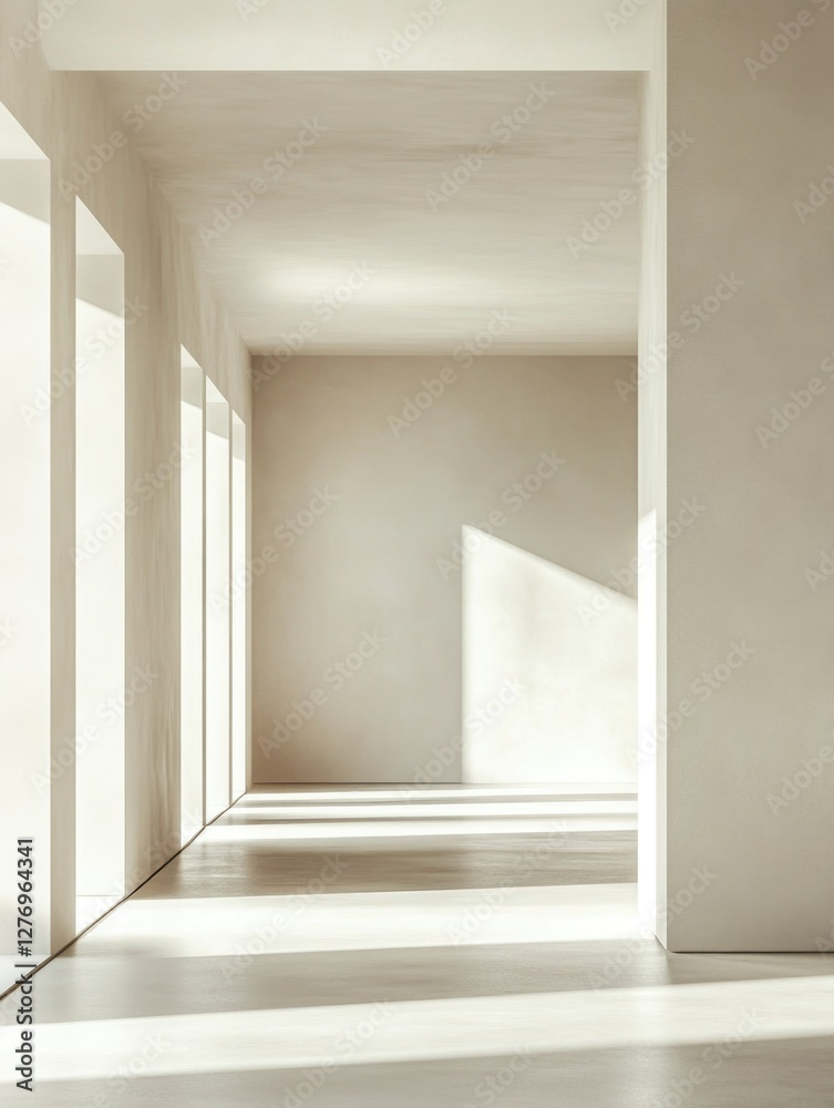 Fototapeta premium Bright and spacious hallway with floor-to-ceiling windows, modern minimalist design.
