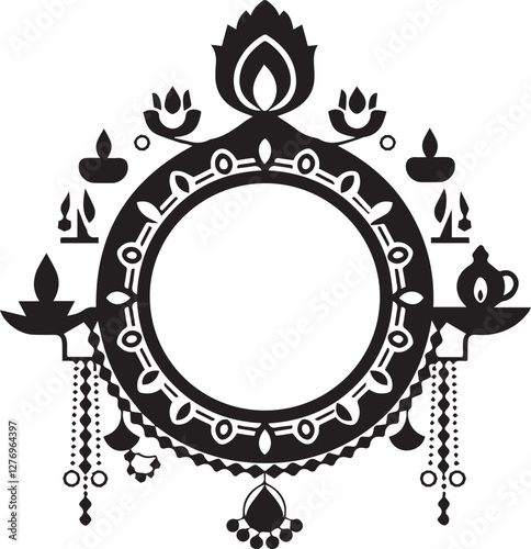 A unique thali frame in silhouette vector style, designed as a circular platter with an open center, surrounded by intricate decorative elements.