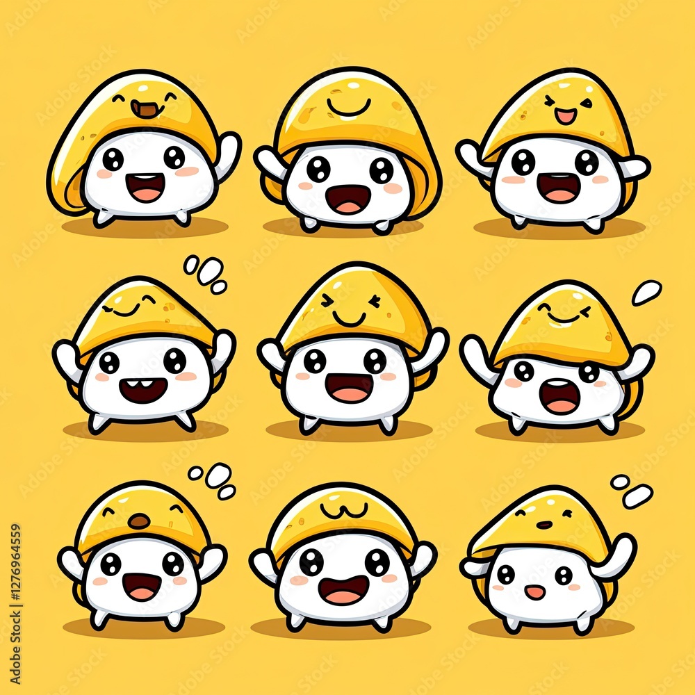 Cute cartoon mushrooms waving on yellow background. Could be used for children's books or educational material Cute cartoon mushrooms waving on yellow background. Could be used for children's books or educational material